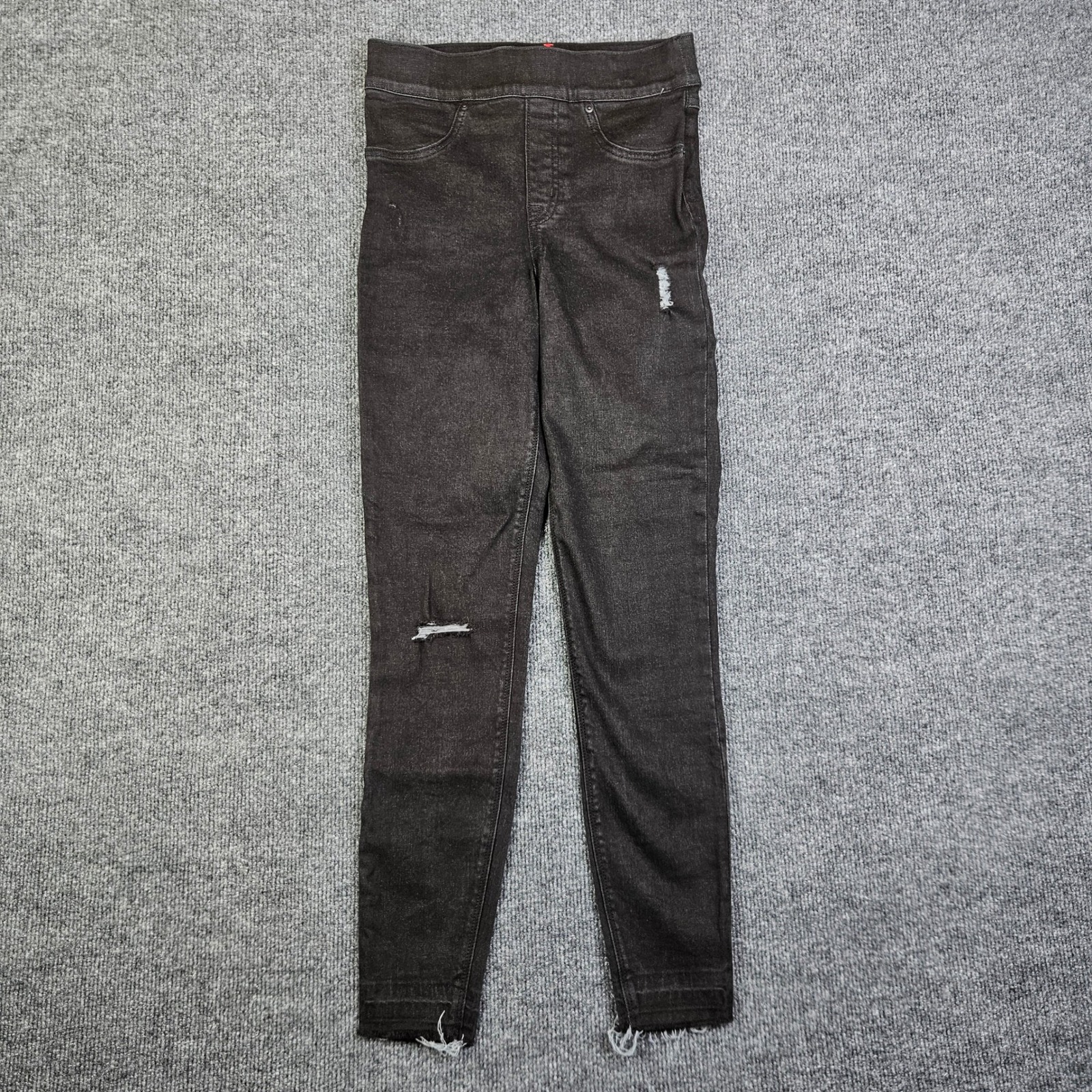 Spanx Pull On Ankle Skinny Jeans Women's Xs Stretch Denim Dark Wash Black Frayed